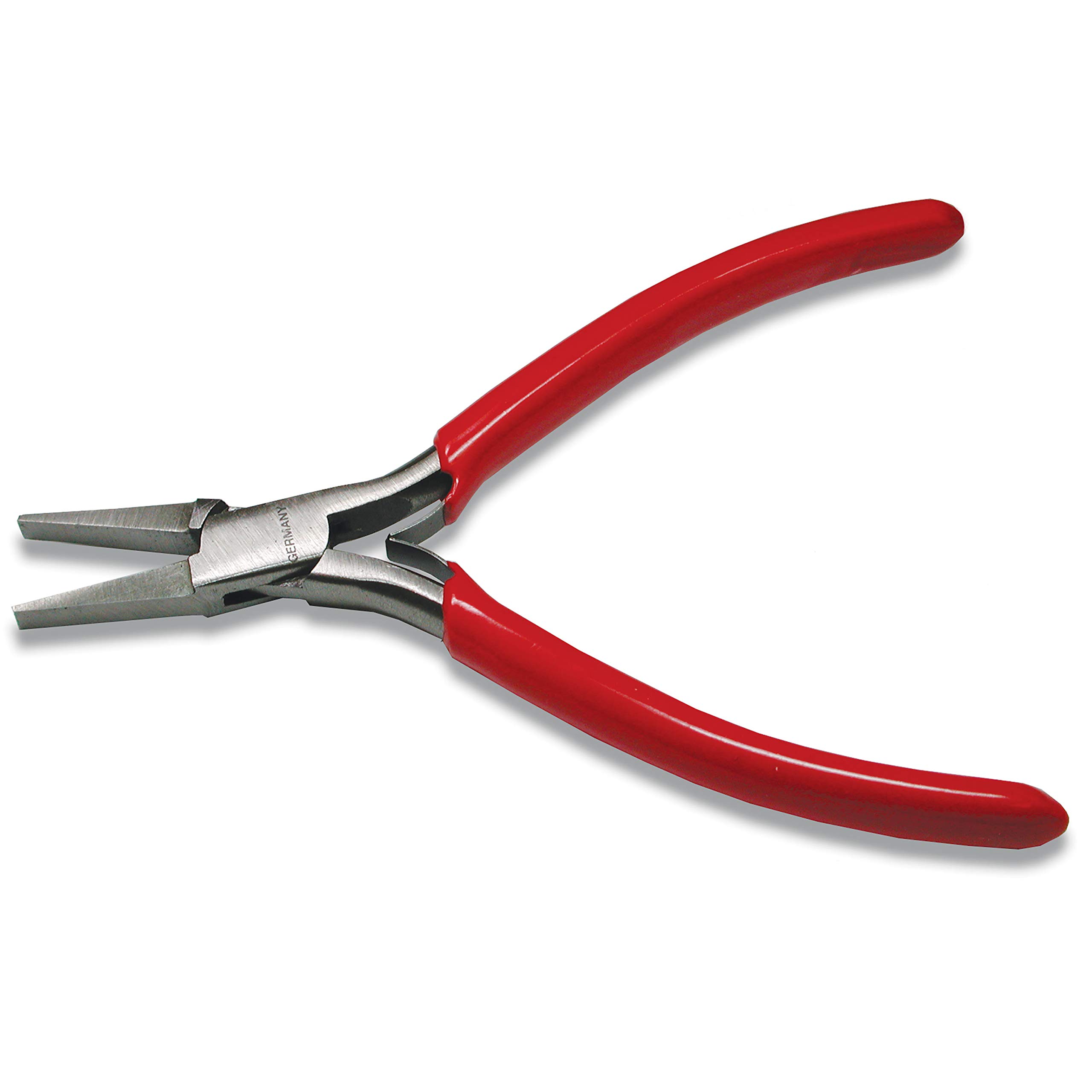 The Beadsmith Platinum Series German Flat Nose Pliers, 4.75 inches (120mm) with Polished Steel Head, red PVC Comfort Grip Handle and Double-Leaf Spring, Tool for Jewelry Making