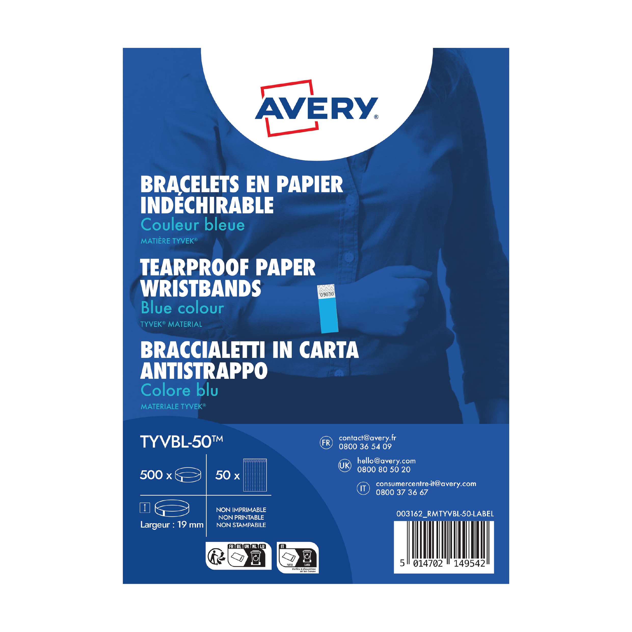 Avery Tyvek Paper Bracelets/Wristband - Blue - Tear-Proof - Ideal for Events, Parties, Celebrations TYVBL-50