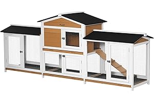 PawHut 90.5" Wooden Rabbit Hutch Bunny Cage Pet Playpen House Enclosure with Double Side Run Boxes, No Leak Tray, Ramp, for Rabbits, Chickens, Ducks, Guinea Pig and Small Animals, White