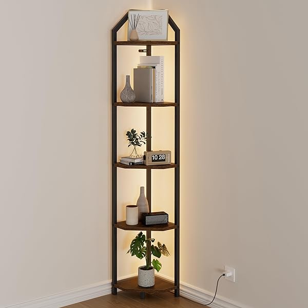 REALGULF 70 INCH CORNER SHELF WITH LED LIGHTS, 5-TIER CORNER BOOKSHELF FOR SMALL SPACES, WOOD & METAL STORAGE RACK FOR BEDROOM, LIVING ROOM, OFFICE – MODERN SPACE SAVING DESIGN- BROWN