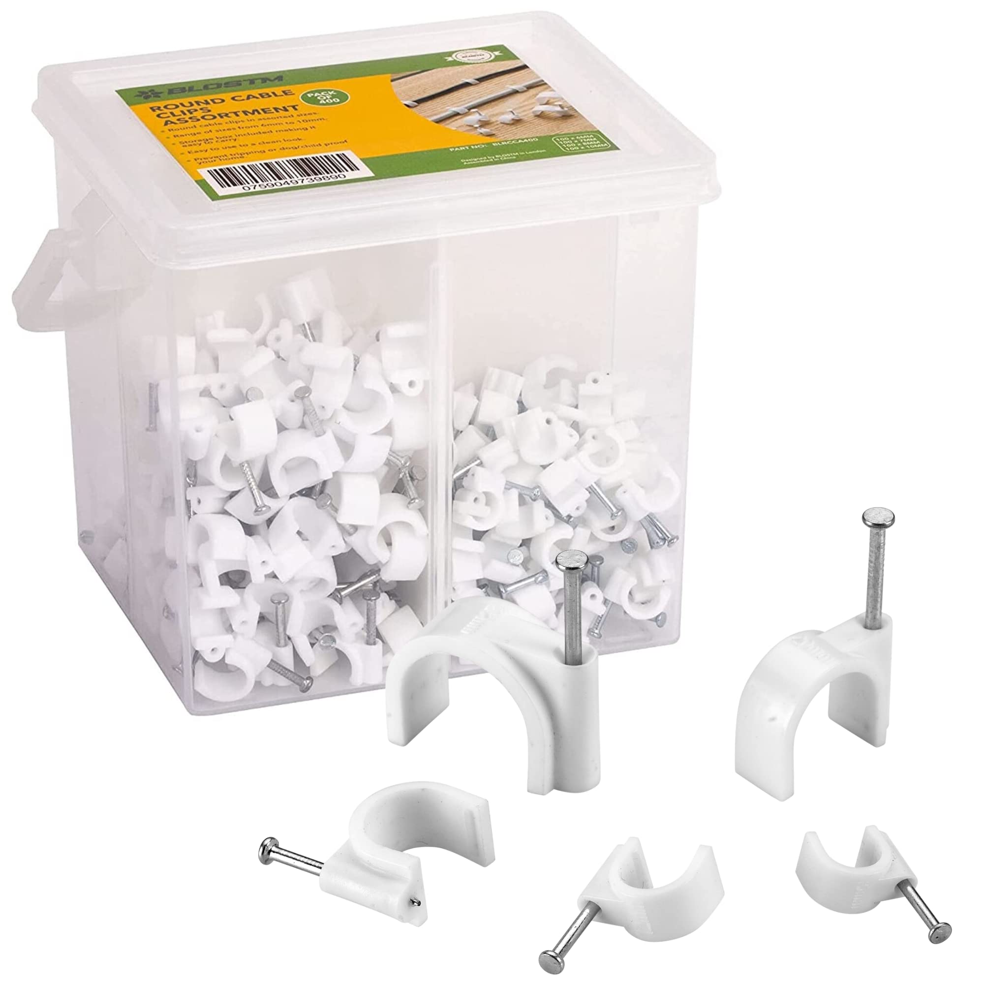 BLOSTM 400 Pieces Round Nail Cable Clips Assortment Set of Sizes 6mm, 7mm, 8mm, 10mm Wire Cable Tacks with Carry Case