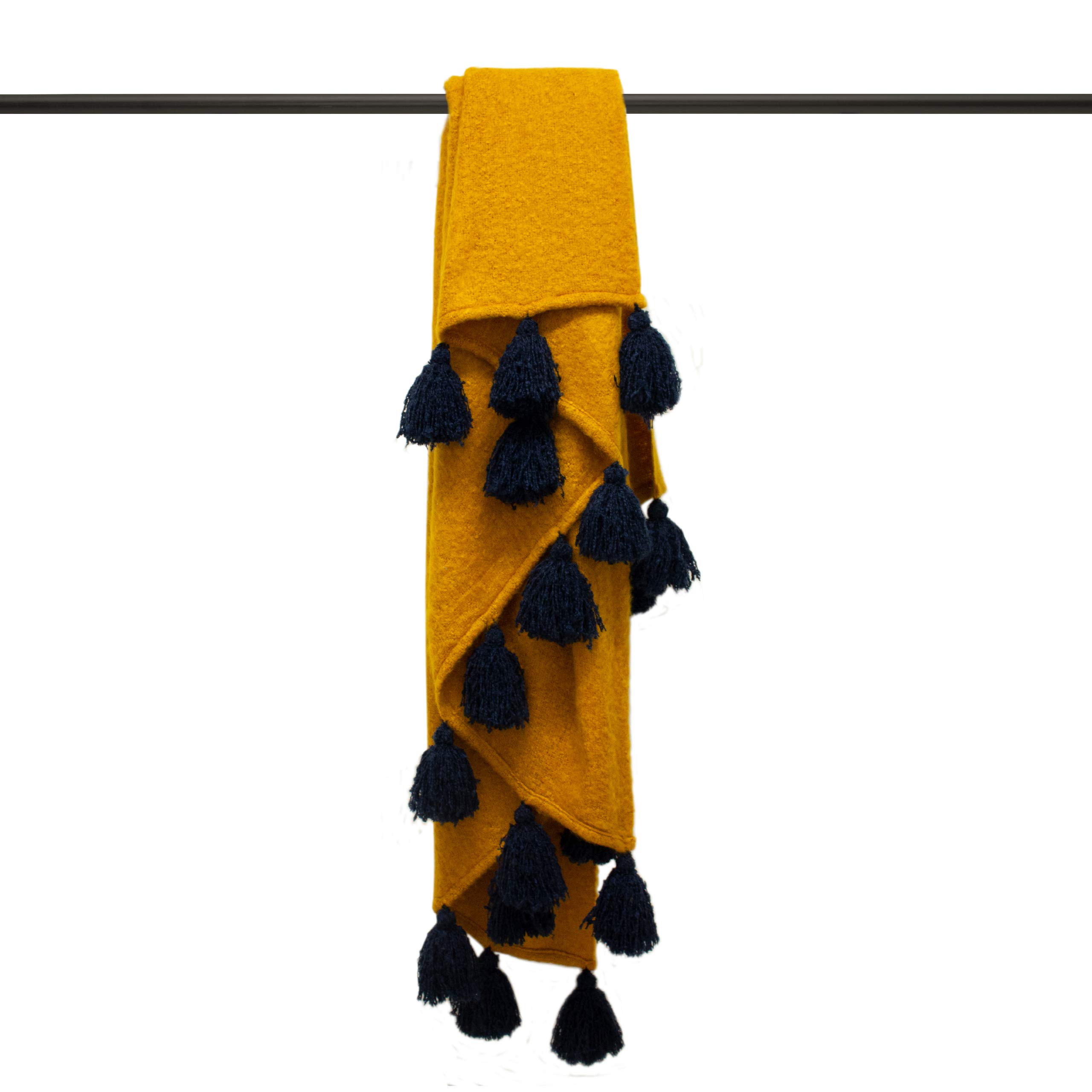 Furn Romily Coloured Pom Throw-Acrylic-Gold/Navy-130cm x 180cm, Acrylic, Gold/Navy, 130cm x 180cm (51" x 71" inches)