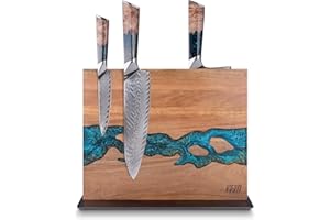 FINDKING Magnetic Knife Block, Double Sided Holder, Powerful Magnet Kitchen Storage, Acacia Wood and Blue Resin (12 x 10 Inch