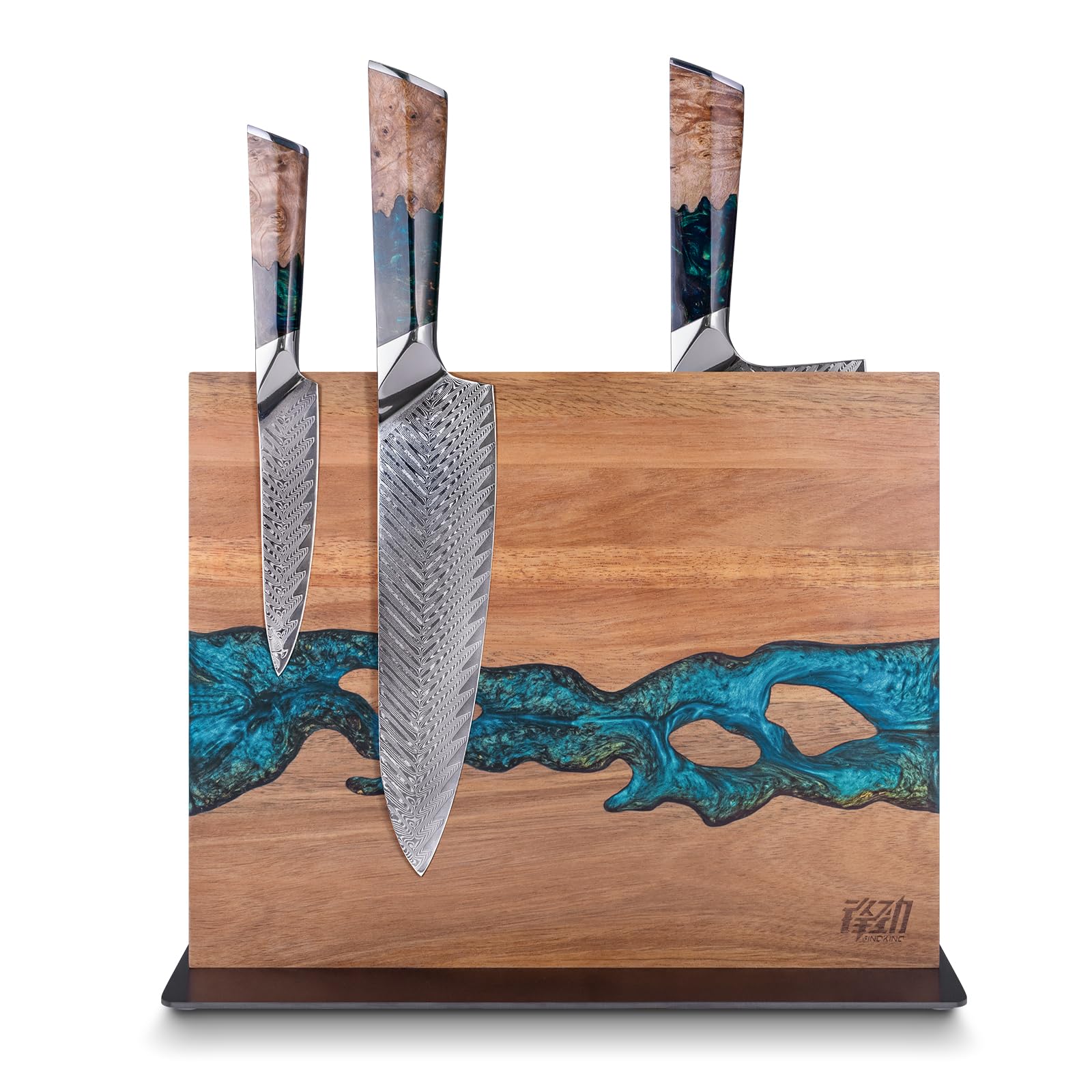 Photo 1 of **SEE NOTES** FINDKING Magnetic Knife Block, Double Sided Holder, Powerful Magnet Kitchen Storage, Acacia Wood and Blue Resin (12 x 10 Inches, Without Knives)