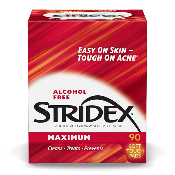 STRIDEX MEDICATED ACNE PADS, MAXIMUM, 90 COUNT, PACK OF 3 – FACIAL CLEANSING WIPES, ALCOHOL-FREE FACE PADS, ACNE TREATMENT FOR FACE, FOR MODERATE ACNE, SMOOTH APPLICATION