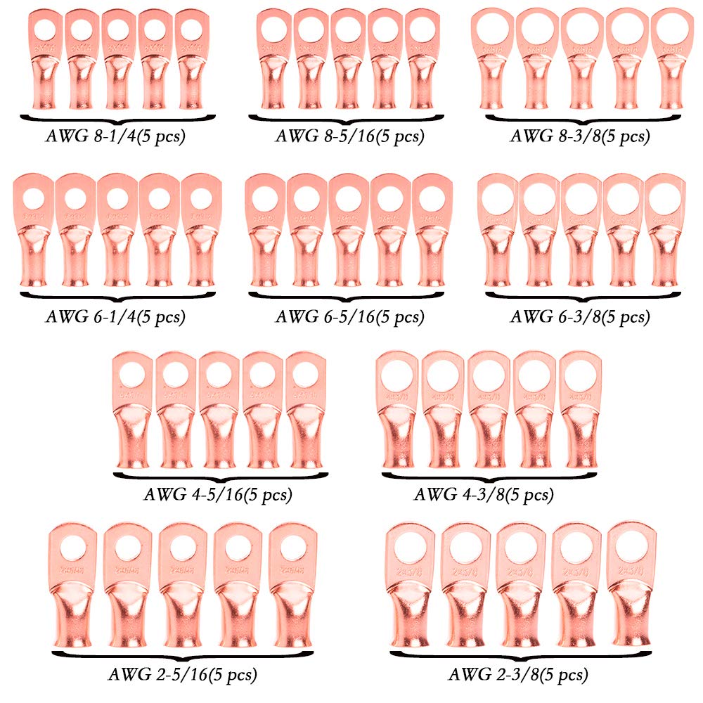 RockDIG 50 pcs AWG 8/6/4/2 Heavy Duty Bare Copper Lugs, Closed End Tubular Ring Terminals, Battery Electrical Cable Wire Connectors Assortment Kit(with 50 pcs Heat Shrink Tubings): Industrial & Scientific