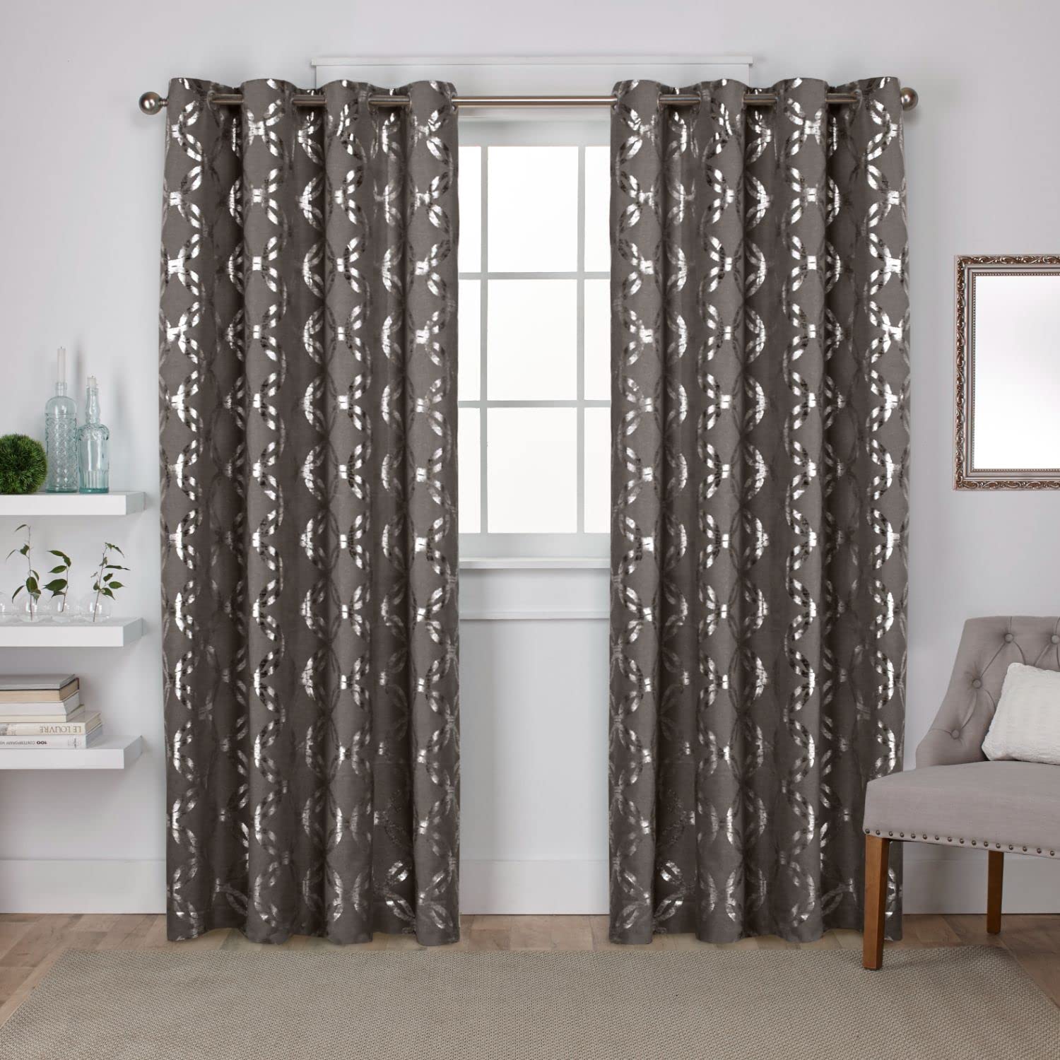 Exclusive Home Modo Metallic Geometric Grommet Top Curtain Panel Pair, 100% Polyester, Dark Grey, 54" W x 84" L (Pack of 2)
