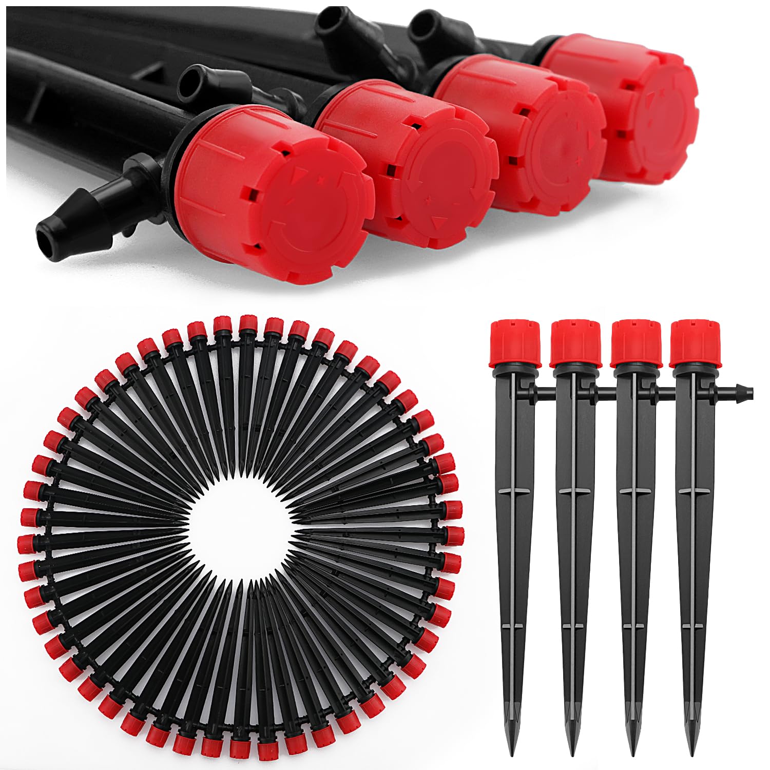 VooGenzek 50 PCS 360 Degree Adjustable Irrigation Dripper Sprinkler, Micro 8-Hole Stake Emitter Dripper with Barbed Connector for 4/7 mm Garden Hose Irrigation System, Water Flow Stake Emitter, Red