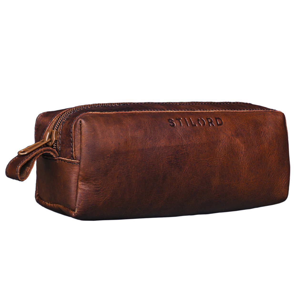 STILORD "Linus" Pencil Case Leather Pen Case Pouch Office University College Women Men Stationary Vintage Leather Colour:Cognac Dark Brown
