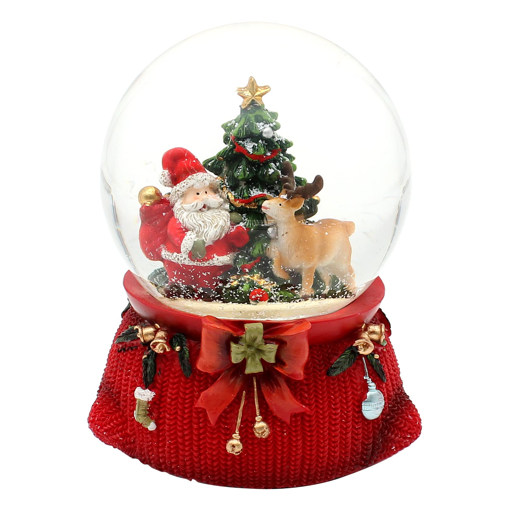 Large Snow Globe, Santa Claus with Deer and Christmas Tree, with Sound, on Elaborately Decorated Base, Dimensions (L x W x H): 10 x 10 x 14 cm, Ball Diameter 10 cm