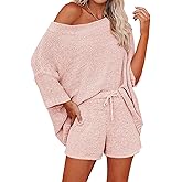 Ermonn Womens 2 Piece Outfits Sweater Sets Off Shoulder Knit Tops Waist Short Suits Casual Pajama Set