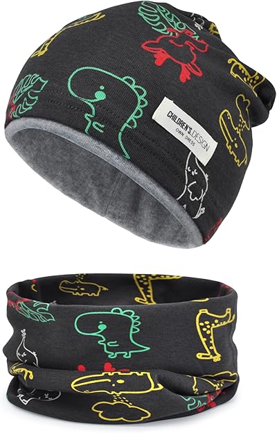 beifon Kinder Beanie Mütze & Loop Schal Set, 95% Baumwolle Mütze Schal Set Mädchen Jungen 2-8 Jahren, Schlauchschal Warme Wintermütze Strickmützen für Herbst Winter Frühling