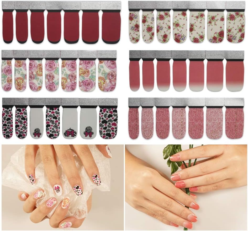 6 Sheets Full Nail Wraps Art Polish Stickers Decal Strips Adhesive False Nail Design Manicure Set With 1Pc Nail Buffers Filesย For Women Girls