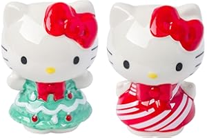 Silver Buffalo Sanrio Hello Kitty 3D Sculpted Festive Christmas Tree and Candy Cane Holiday Salt and Pepper Shaker Set
