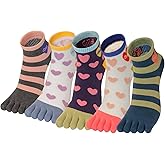 CenKovo Womens Toe Yoga Socks Funny Print Cotton Five Finger Socks Novelty Athletic Running Crew Ankle Socks, 5 Pairs