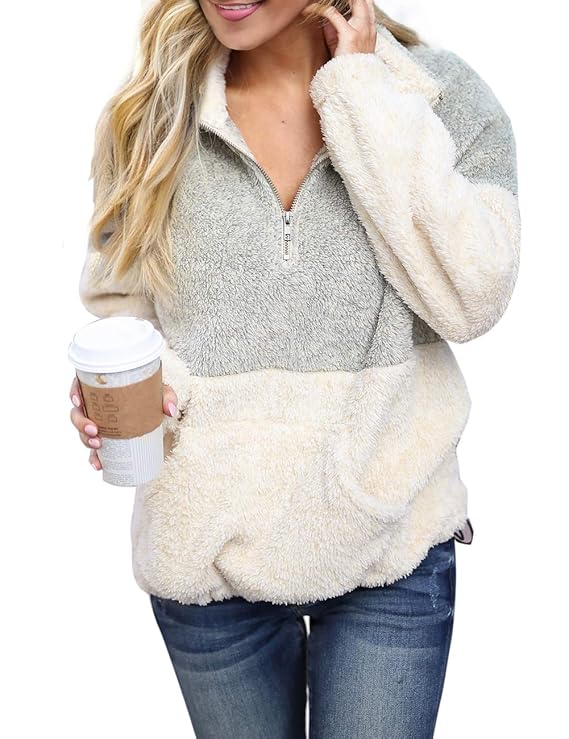 MEROKEETY Women's Long Sleeve Contrast Color Zipper Sherpa Pile Pullover Tops Fleece with Pocket Light Grey best women's sweatshirt