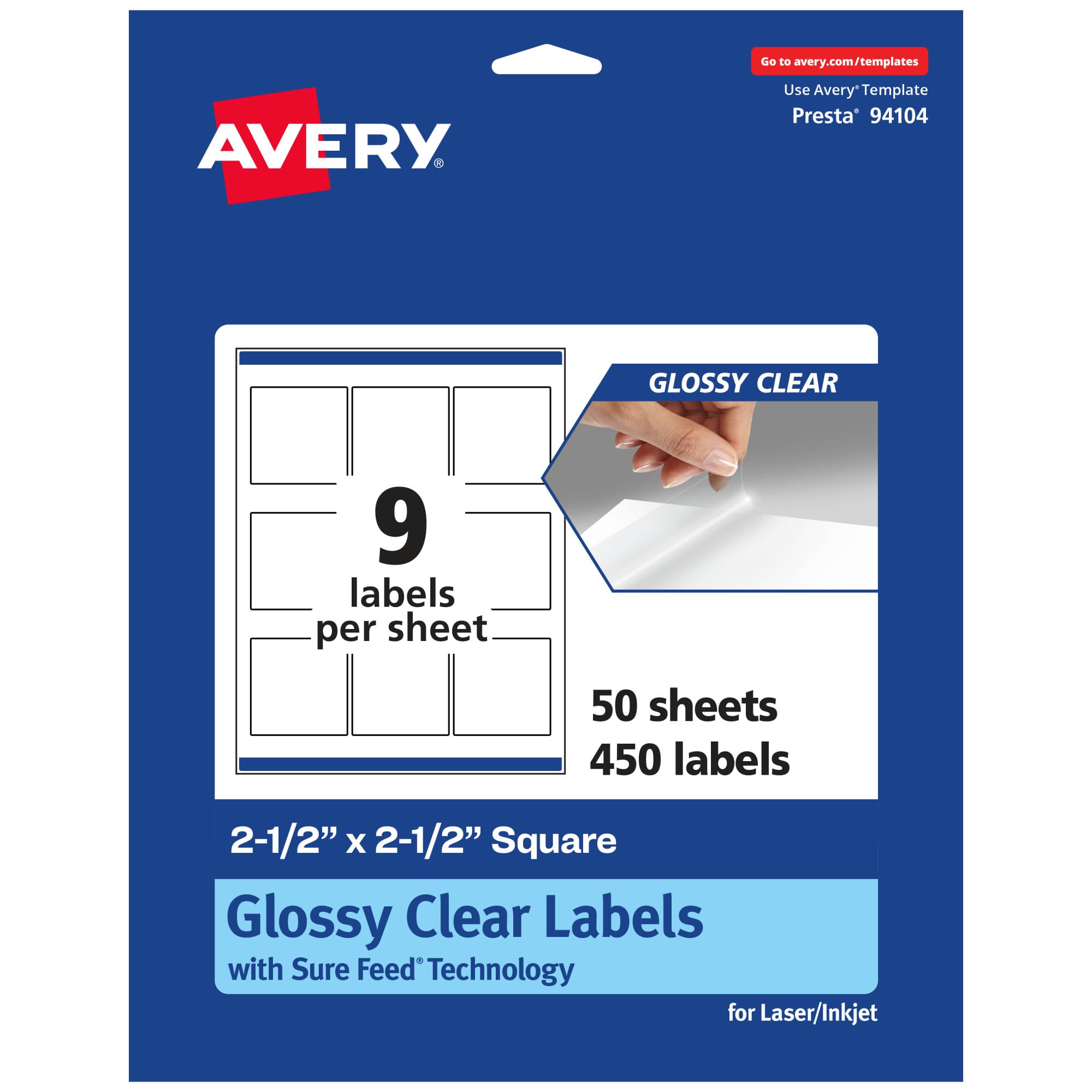 Avery Glossy Clear Square Labels, Sure Feed Technology, 2.5″ x 2.5″, 450 Glossy Clear Labels, Laser/Inkjet Printable