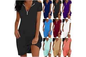 SHOPESSA Cold Shoulder Dress for Women Solid Color Half-Zip Short-Sleeve Dress Sexy Party Dress V Neck Zipper Dress for Summer