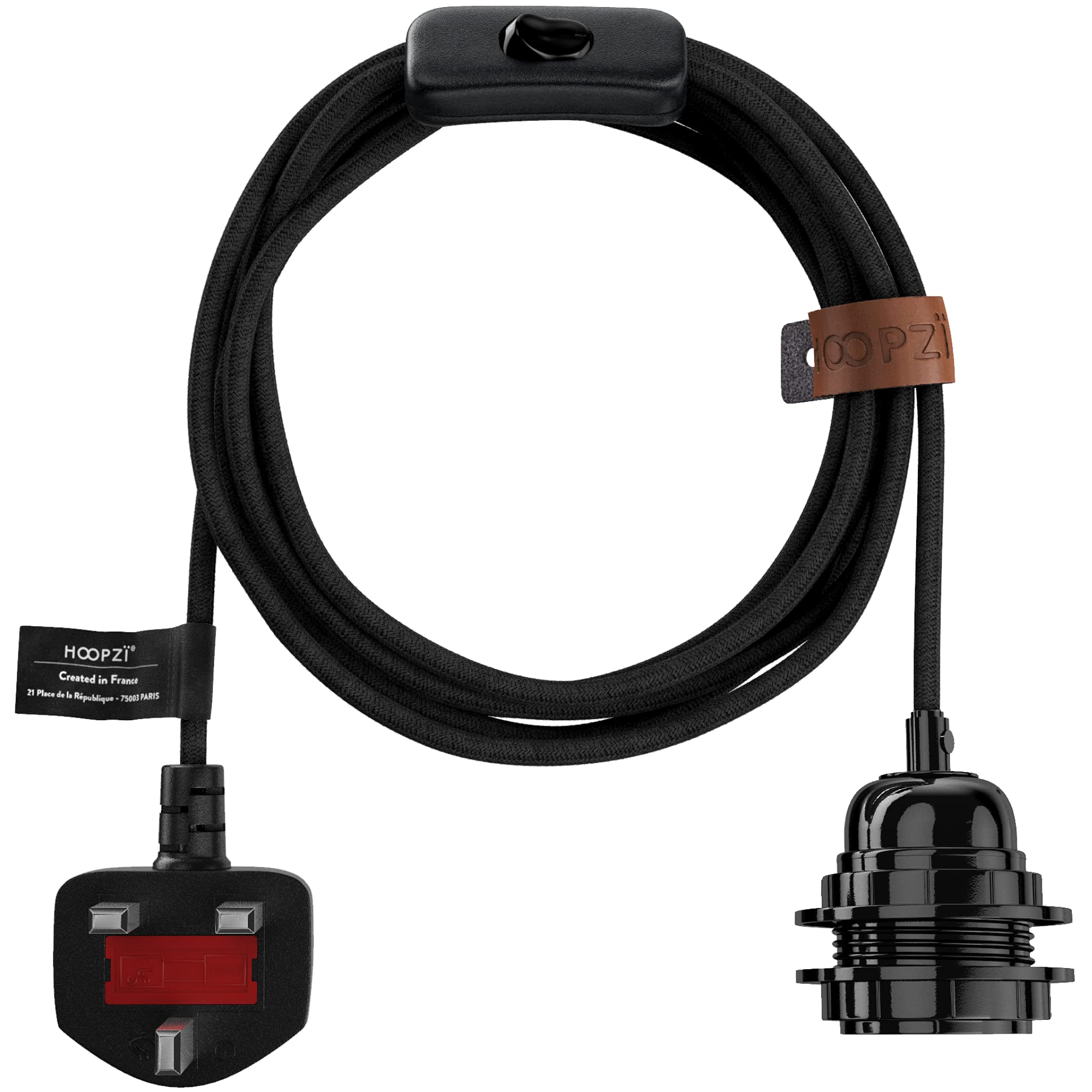 Hoopzi - Plug in Pendant Light to Light Up Your Home - 4.5M Fabric Electrical Cable - E27 Bulb Holder with Switch - Create Your Own Pendant Light, Portable Lamp, Hanging Lamp - BalaCotton Black