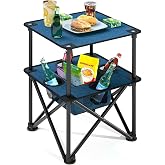 ARMOR CASTLE Folding Camping Table, Portable Outdoor Picnic Table, Lightweight Square Camp Table with Built-in 4 Cup Holders Food Basket and Travel Bag for Barbeque Beach Camping and Tailgate Blue