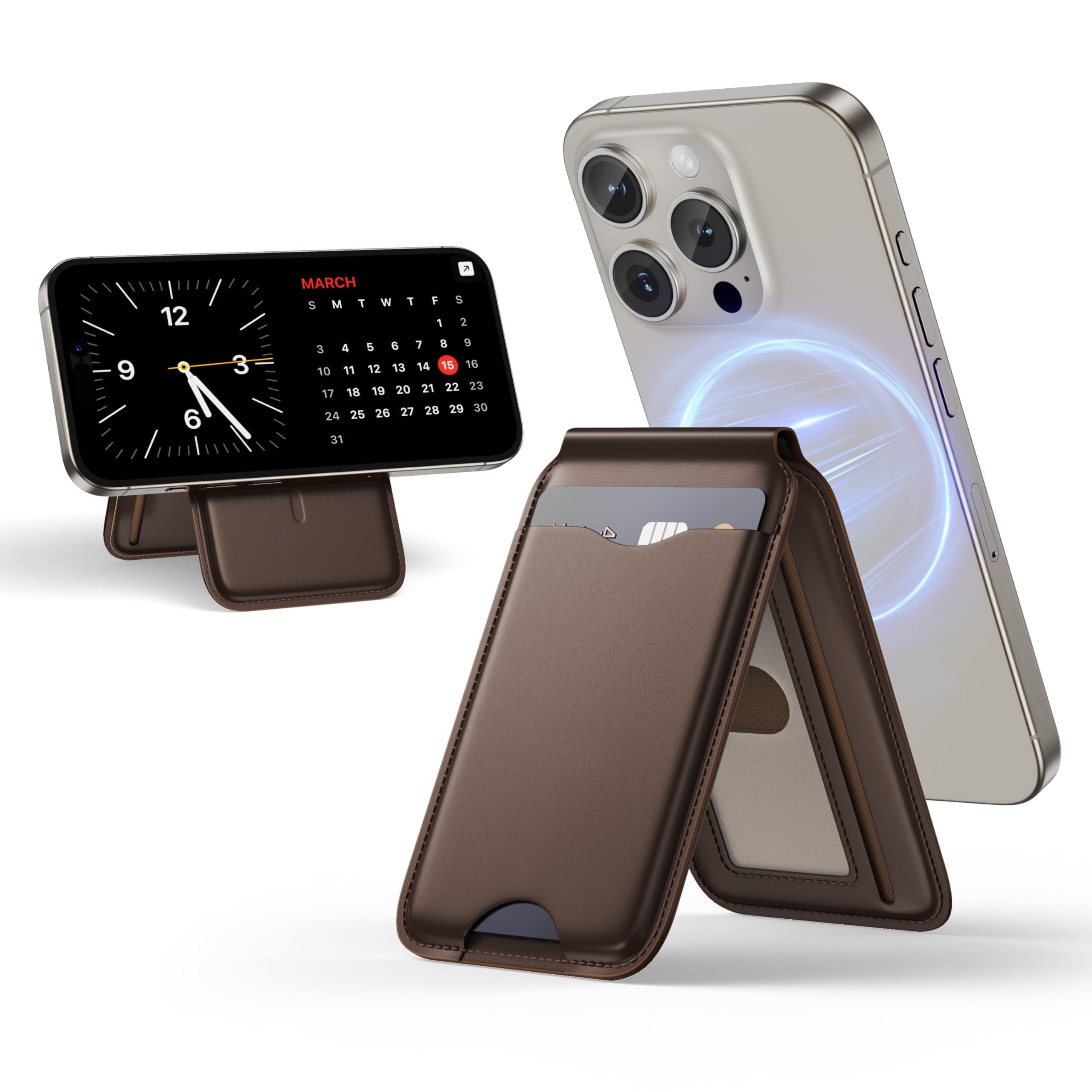 LULULOOK Phone Card Holder with Magsafe Wallet Stand, Magnetic Wallet for iPhone 17/16/15/14/13/12 Series, Full Grain US Leather iPhone Adjustable Stand, 3 Card Holders(Dark Brown)