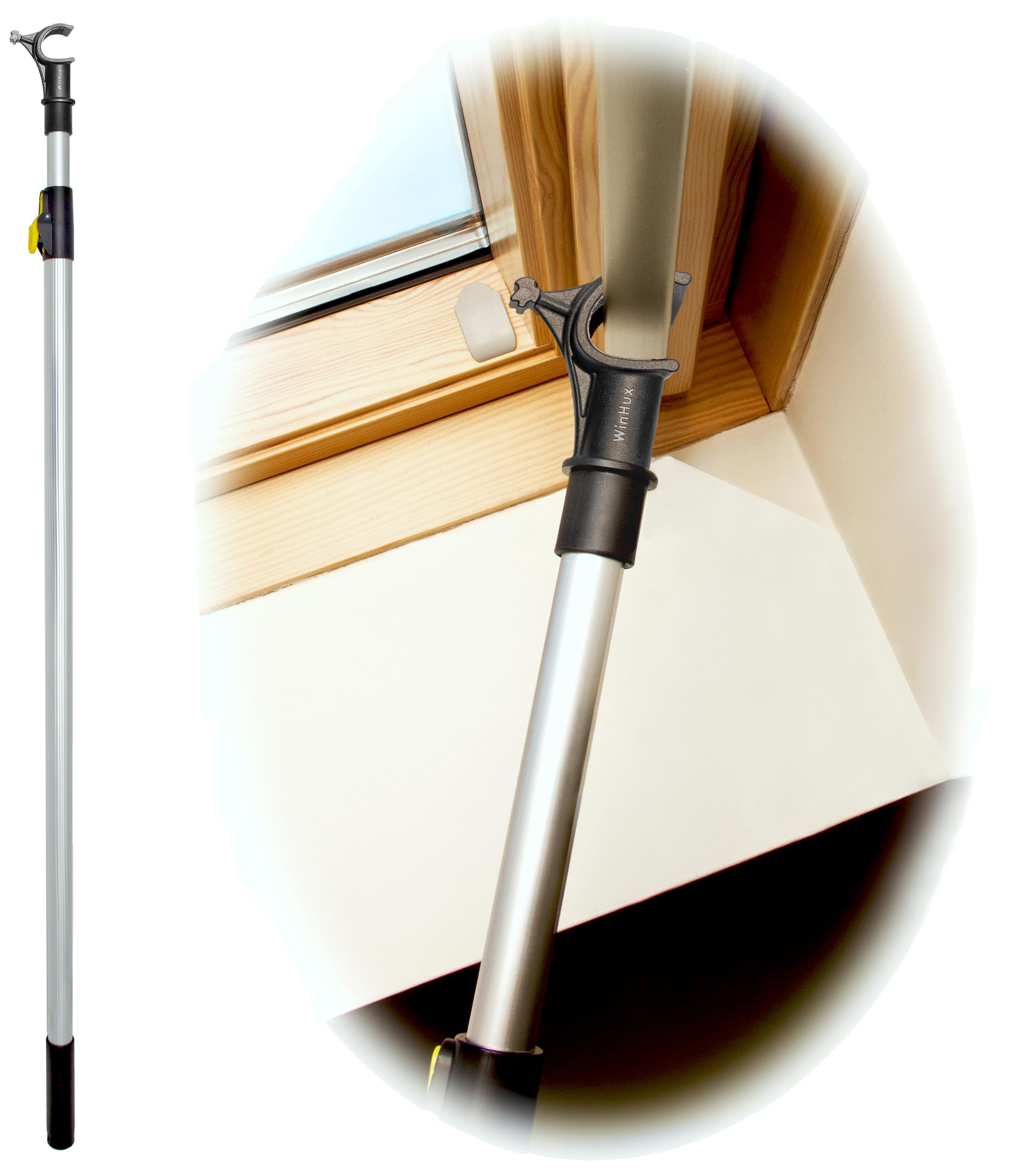WinHux 1.2-2.0 Meter Telescopic Button Lock Aluminium Pole for Roof, Windows and Blinds - Compatible with Velux Top Bar Windows and Blind Handle Bars, Skylight Opener Rod with Non Slip Hook