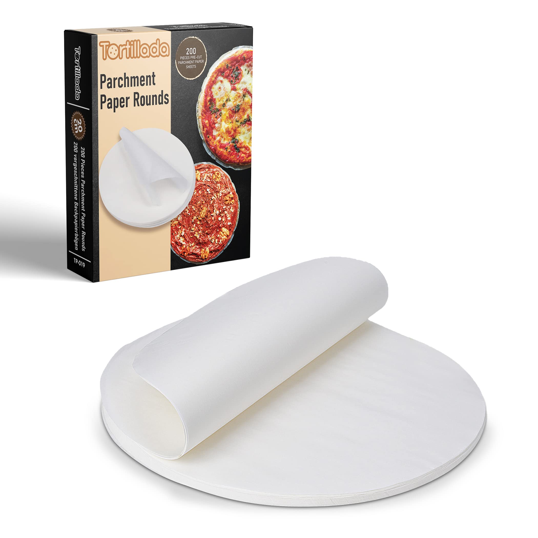 Tortillada - 200 pcs Round Parchment Paper 20cm – Pre-Cut Baking Paper Sheets – Non-Stick Baking Paper for Air Fryer, Oven, Pizza and Baking