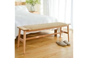 OOKSEN Solid Wood Dining Bench, Midcentury End of Bed Bench, Farmhouse Bedroom Woven Bench Stool with Hand-Woven Rope for Dining Room, Entrance, Hallway, 43.3 Inch