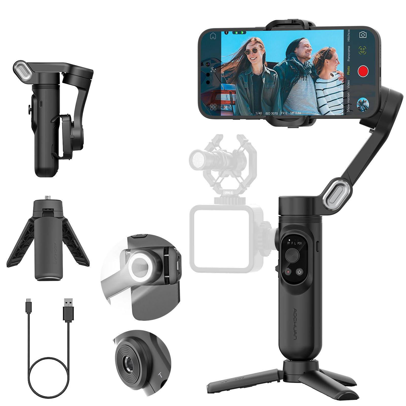 AOCHUAN 3-Axis Gimbal Stabilizer for iPhone 15/14/13 Pro Max Android,Foldable Smartphone Gimbal w/Built-in Fill Light,1/4 Thread,Professional Anti-Shake Vlogging Kit for TikTok YouTube(Smart X Black)