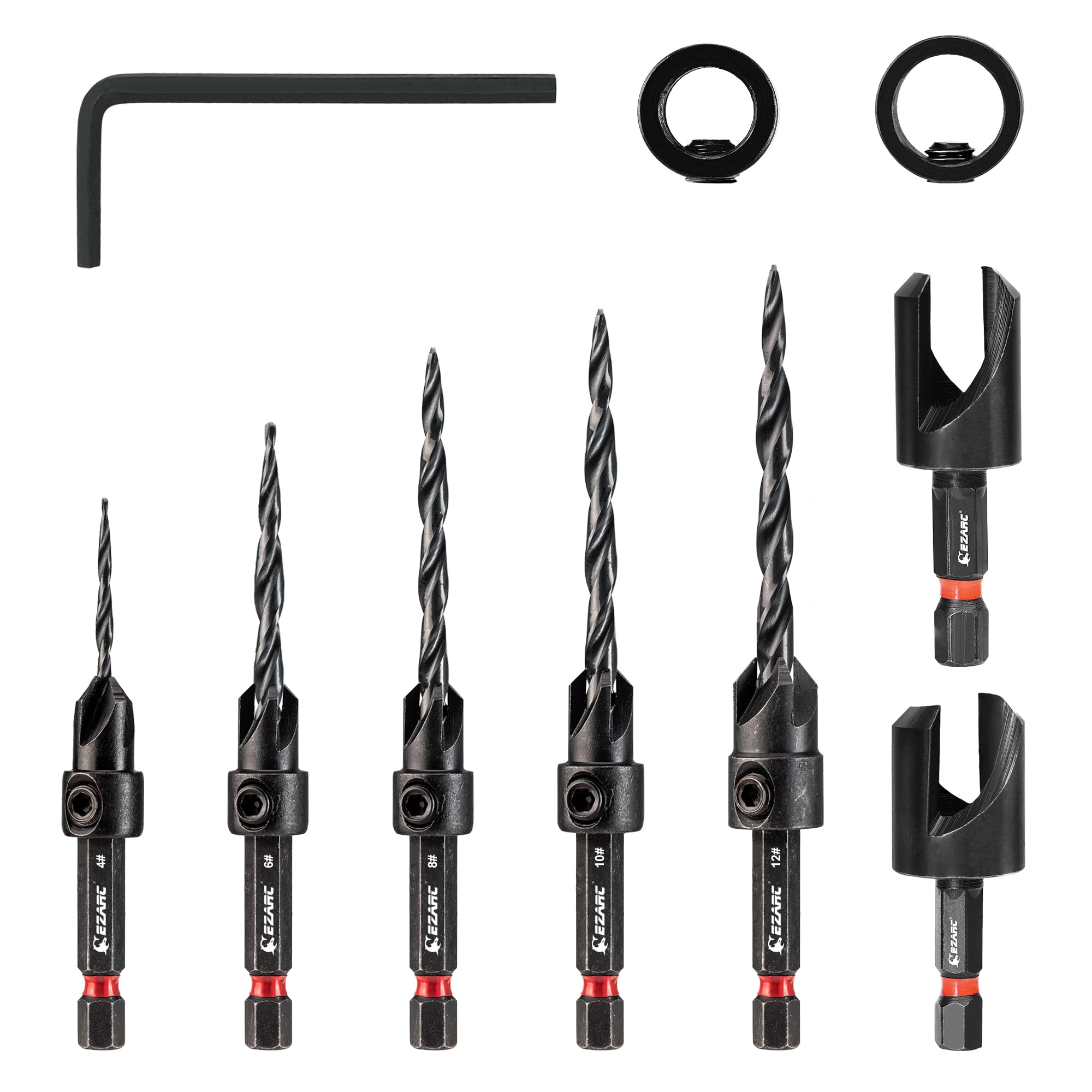 EZARC 10pcs Countersink Drill Bit Set - Tapered Countersink Drill Bits, Wood Plug Cutter, Stop Collar, Hex Wrench Counter Sinker