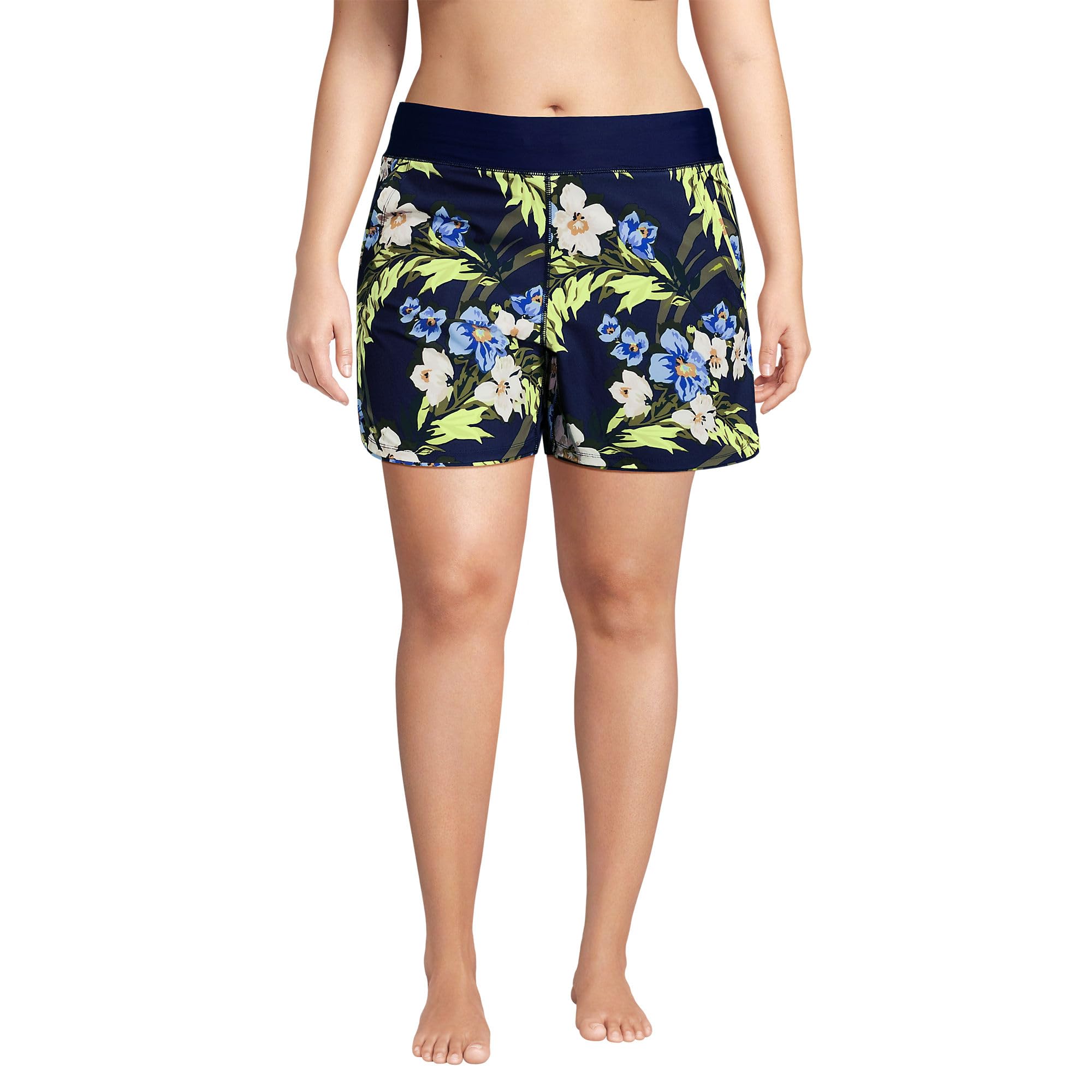 Lands' End Womens Sunshade UPF 50 5 Inch Board Shorts with Panty Deep Sea/Blue Floral Tropic Regular 18 Image