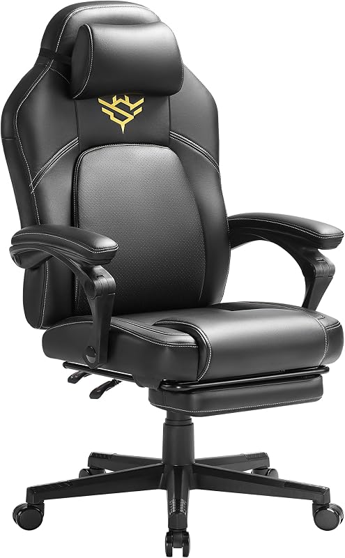 Cadeira de jogos, cadeira ergonómica de computador de corrida com apoio para os pés, com apoio de cabeça, couro sintético, altura ajustável, tinta preta OBG072B01