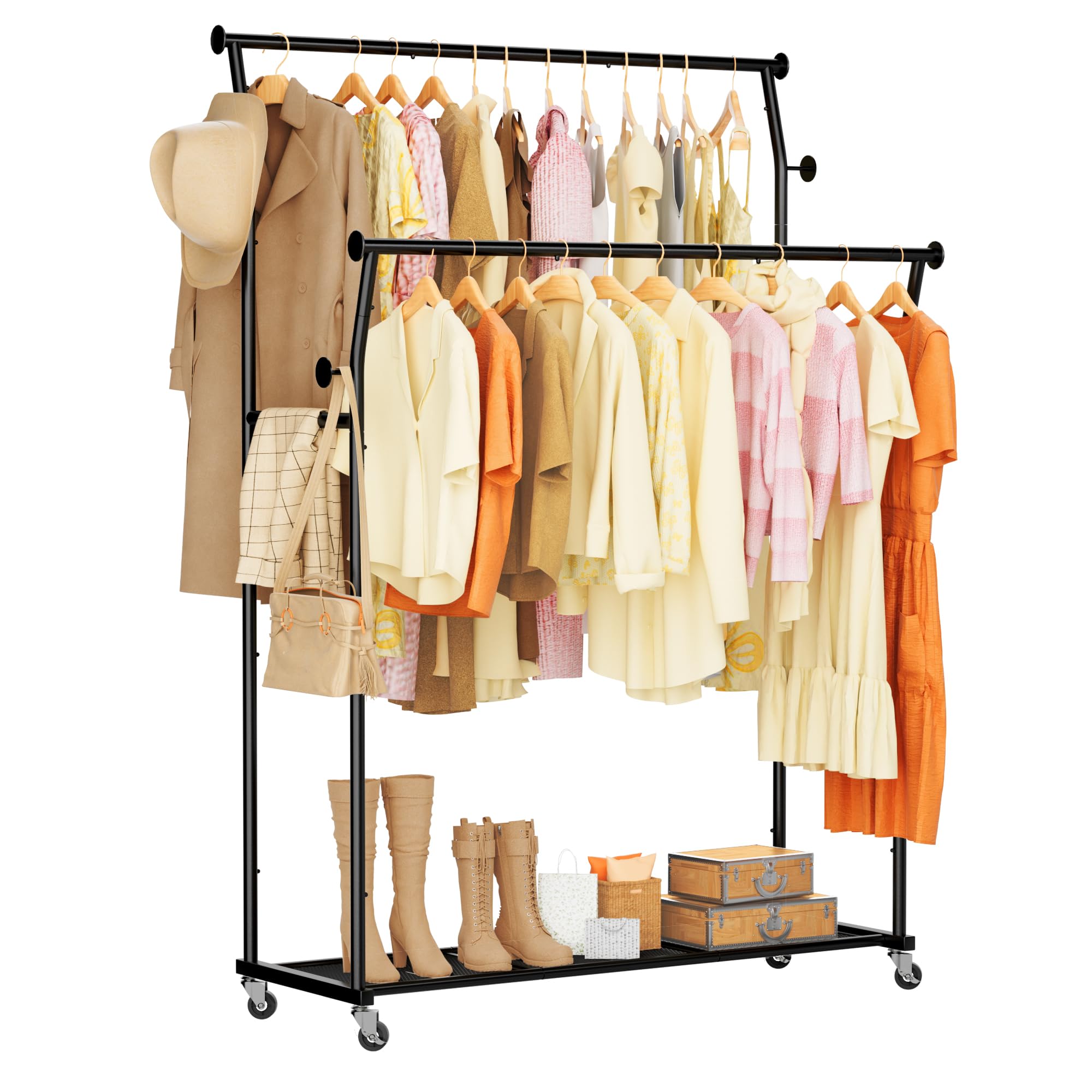 Photo 1 of Double Rods Clothes Rack, Rolling Clothing Rack for Hanging Clothes with Hooks&Mesh Shelf, Portable Wardrobe Rack, Metal Coat Rack Sturdy Garment Rack for Bedroom Laundry Living Room Storage, Black