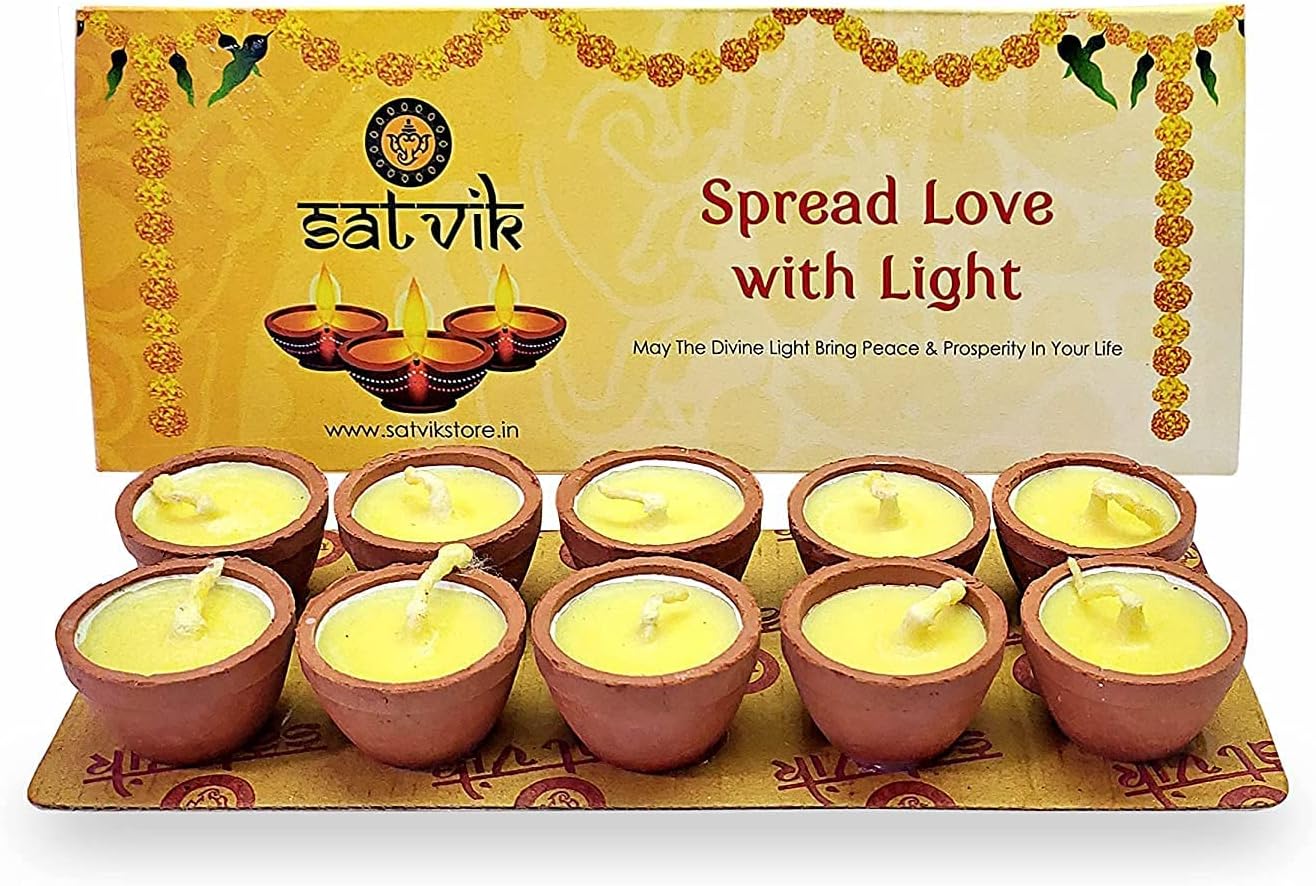 Oil Lamps & Accessories - SATVIK 60 Min Nitya Pujan Cow Ghee Wicks with Diya Wax Free for Home Mandir Temple Puja Pooja. Daily Worship for Office Mitti Diya. Tibetan Tea Light Candles