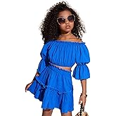 Floerns Girls 2 Piece Outfit Off Shoulder Puff Short Sleeve Blouse Top with Ruffle Skirt Set