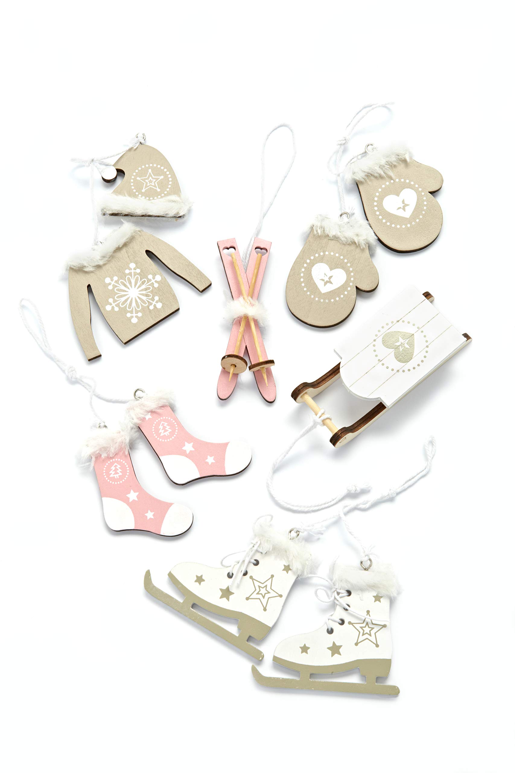 HEITMANN DECO Christmas Tree Decoration - Wooden Hanging Set - 6 Pieces - Tree Decorations in Natural/Pink/White - Christmas Decoration, 7-10 cm