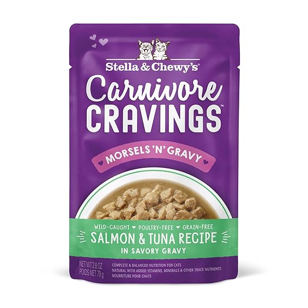 STELLA & CHEWY’S CARNIVORE CRAVINGS MORSELS & GRAVY SALMON & TUNA RECIPE WET CAT FOOD POUCHES – (2.8 OUNCE POUCH, CASE OF 12)