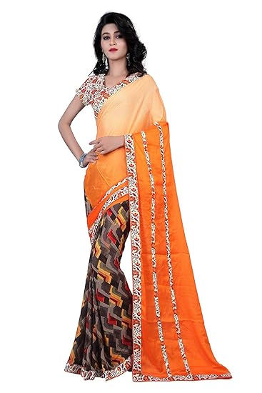 Womens Moss Chiffon Saree with Blouse Piece (vn28, Multicolour)