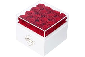 GLAMOUR BOUTIQUE Preserved Roses in a Box - Gifts for Her, Wife & Mom, Rose Flowers Forever Decor for Birthday Gift, Get Well Flower Bouquet Cased in White Box with Cover - Red - 16-Piece