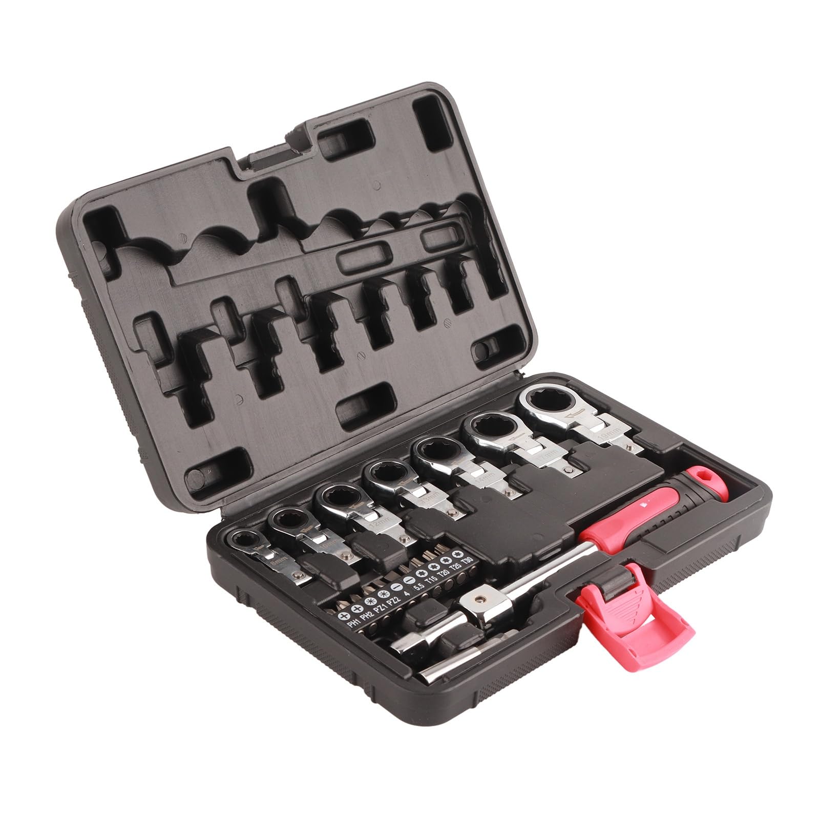 ViaGasaFamido 20Pcs Ratchet Wrench Set Interchangeable 180 Degree Rotating Flex Head Screwdriver Bit Kit with Storage Box Metric Sizes 8mm 10mm 12mm 13mm 14mm 17mm 19mm Chrome Vanadium Steel