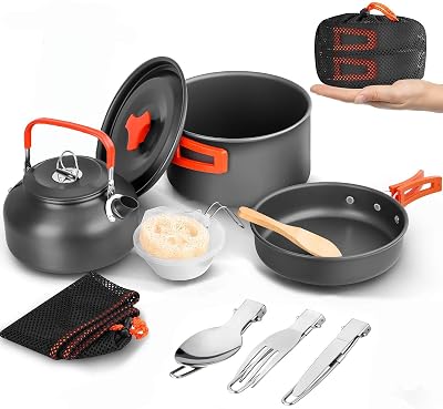 Aandyou Camping Cookware Set 13 Pcs Nonstick Pot Pan Kettle 2-3 People Orange