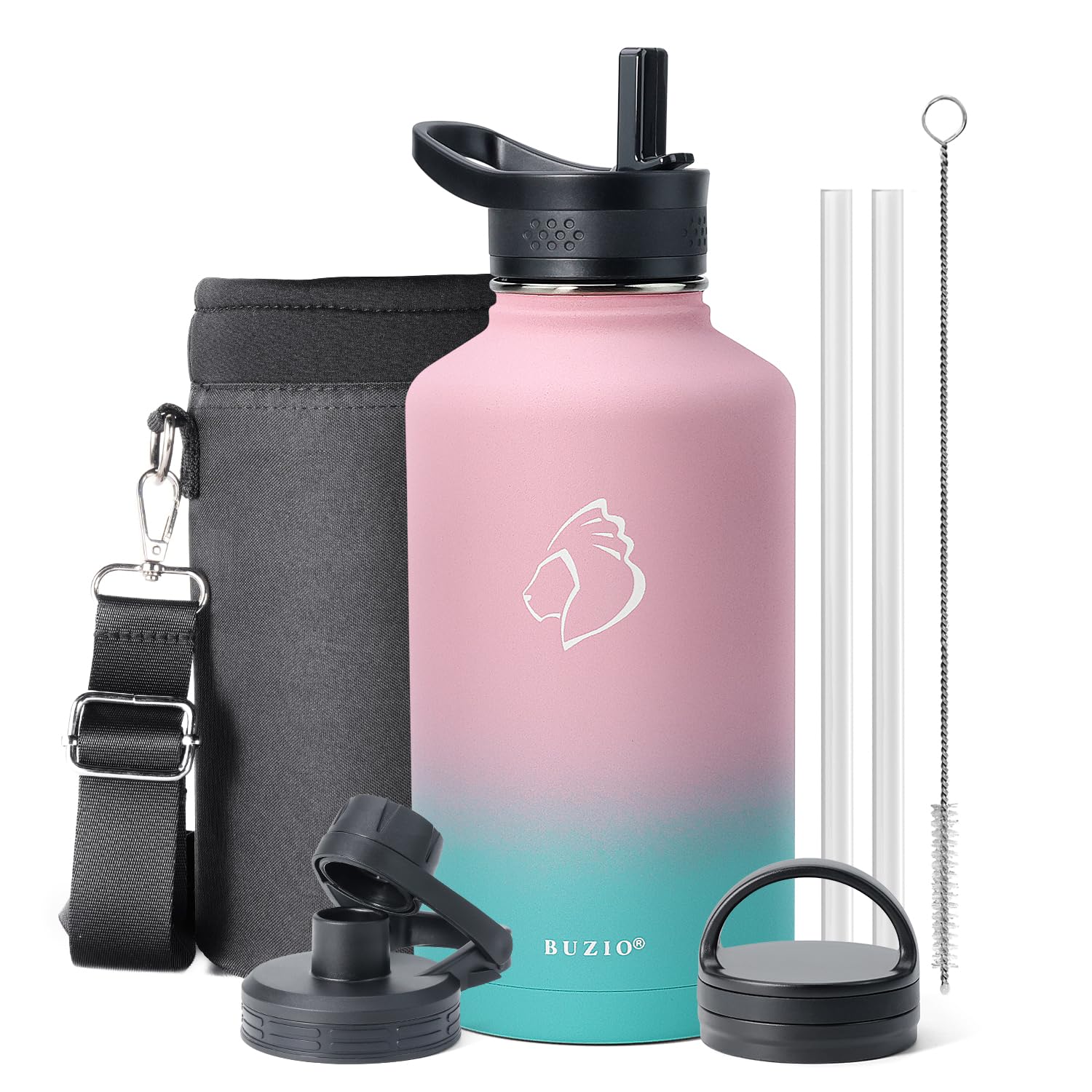 Insulated Water Bottle 2L, BUZIO Insulated Water Bottle with Straw Lids, Half Gallon Canteen Metal Thermo Mug Metal Bottle, Double Vacuum Hot Cold Water Bottles,Bubble Gum