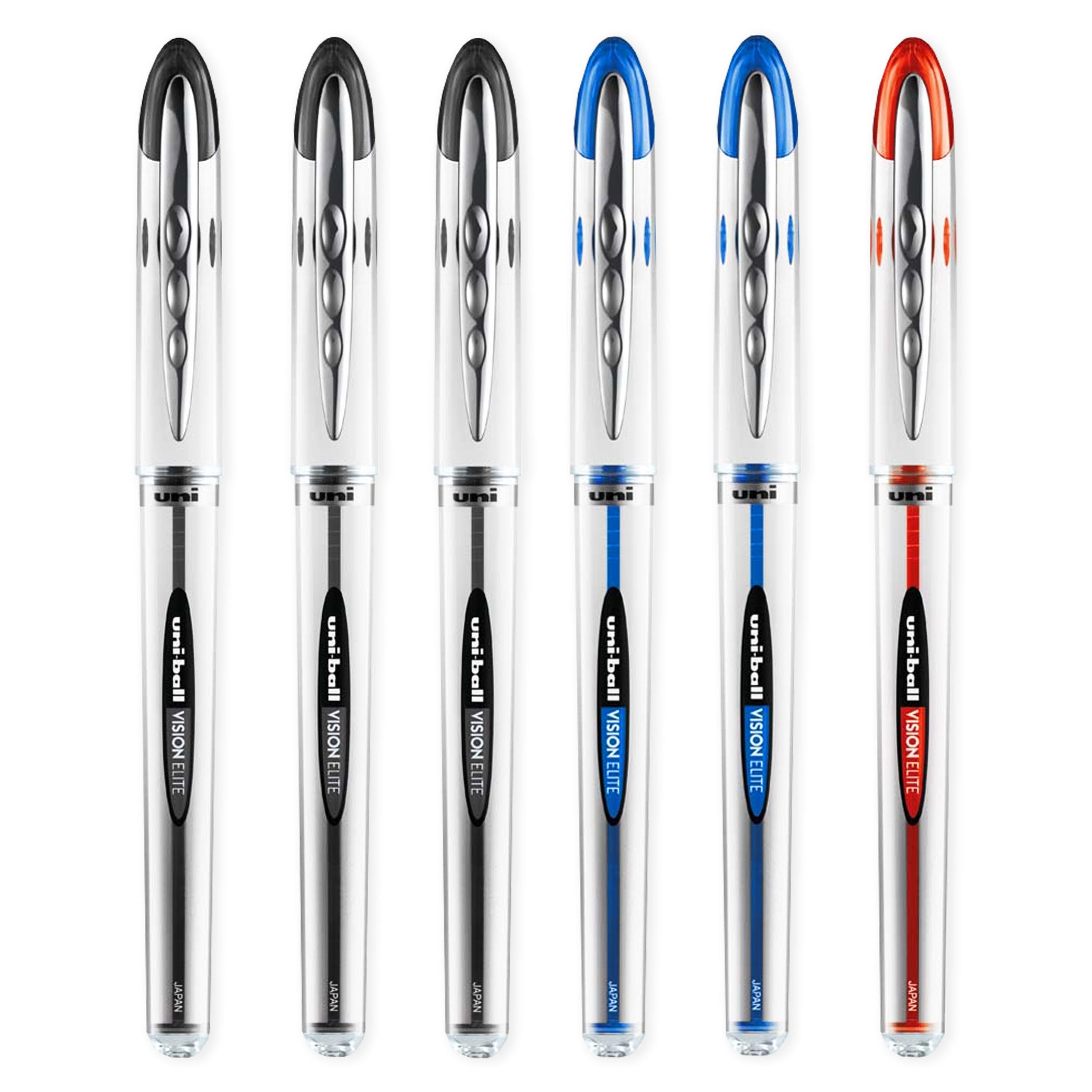uni-ball Vision Elite - UB-200 - Liquid Ink Rollerball Pen - 3 x Black, 2 x Blue, 1 x Red - Pack of 6