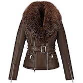 Bellivera Women's Faux Leather Jacket Moto Biker Sherpa-Lined Coat with Removable Fur Collar