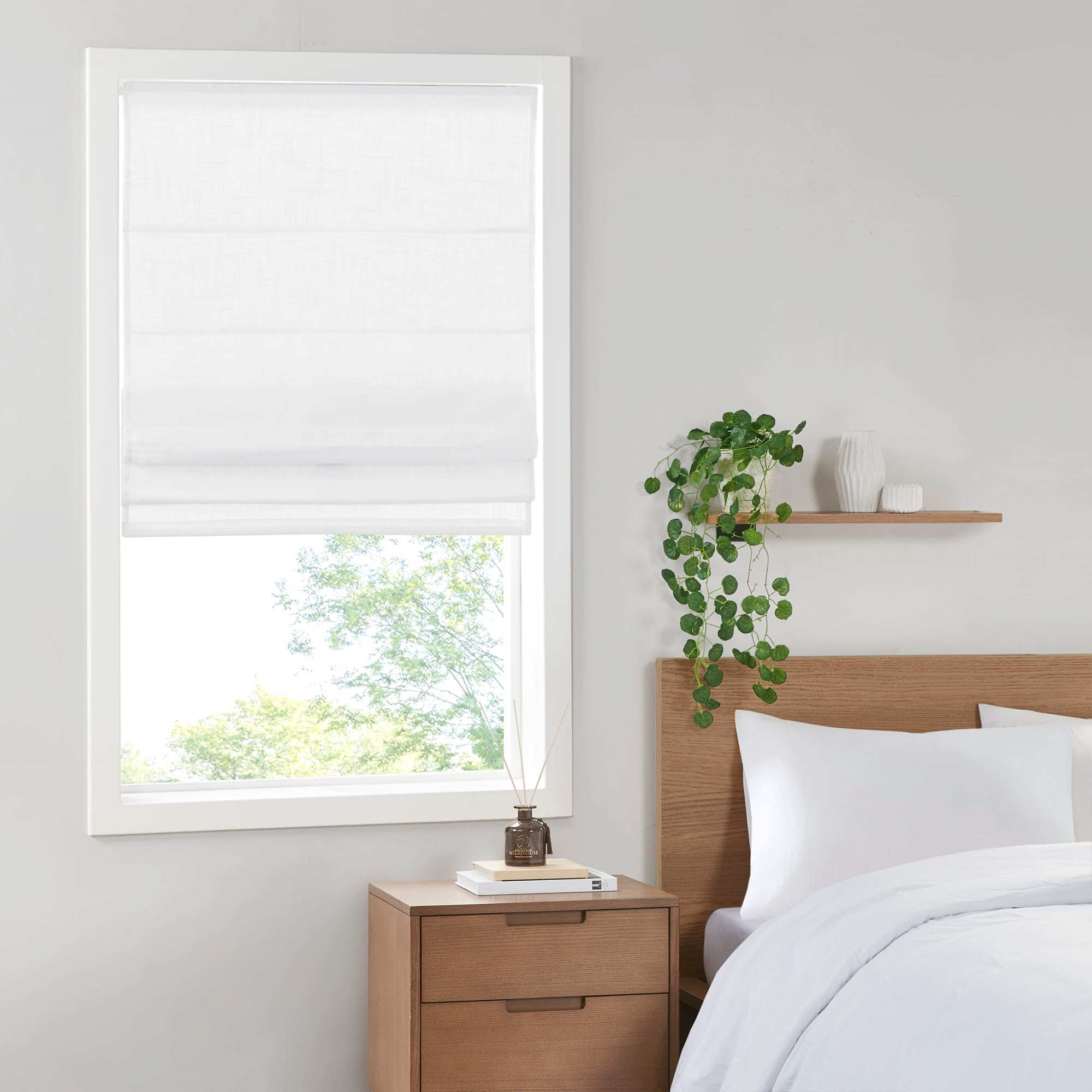 Madison Park Kyler Cordless Roman Shades – Single Panel, Lightweight Linen Blend Fabric, Natural Design, Easy Installation, Light Filtering Window Blind, Bedroom, Living Room Decor 27″W x 64″H White