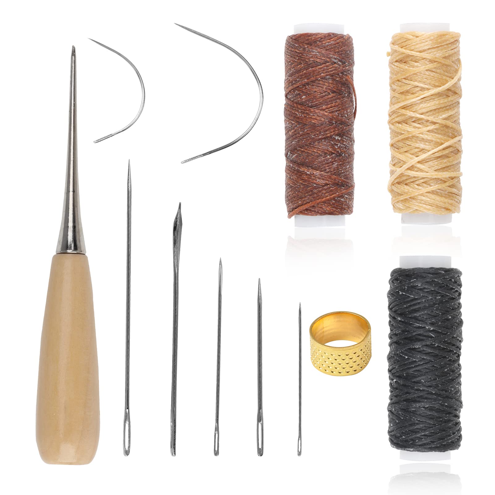 12 Pcs Leather Sewing Kit, Complete Leather Repair Kit Needles, 12m Waxed Thread Cord Drilling Awl Thimble Curved Upholstery Hand Sewing Needles for DIY Crafts Carpet Repair and Sewing Essentials