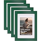 KINLINK 5x7 Picture Frame Green, Solid Wood Frames with Acrylic Plexiglass for 3.5x5/4x6 with Mat or 5x7 without Mat, Tabletop and Wall Display Photo Frame, Set of 4