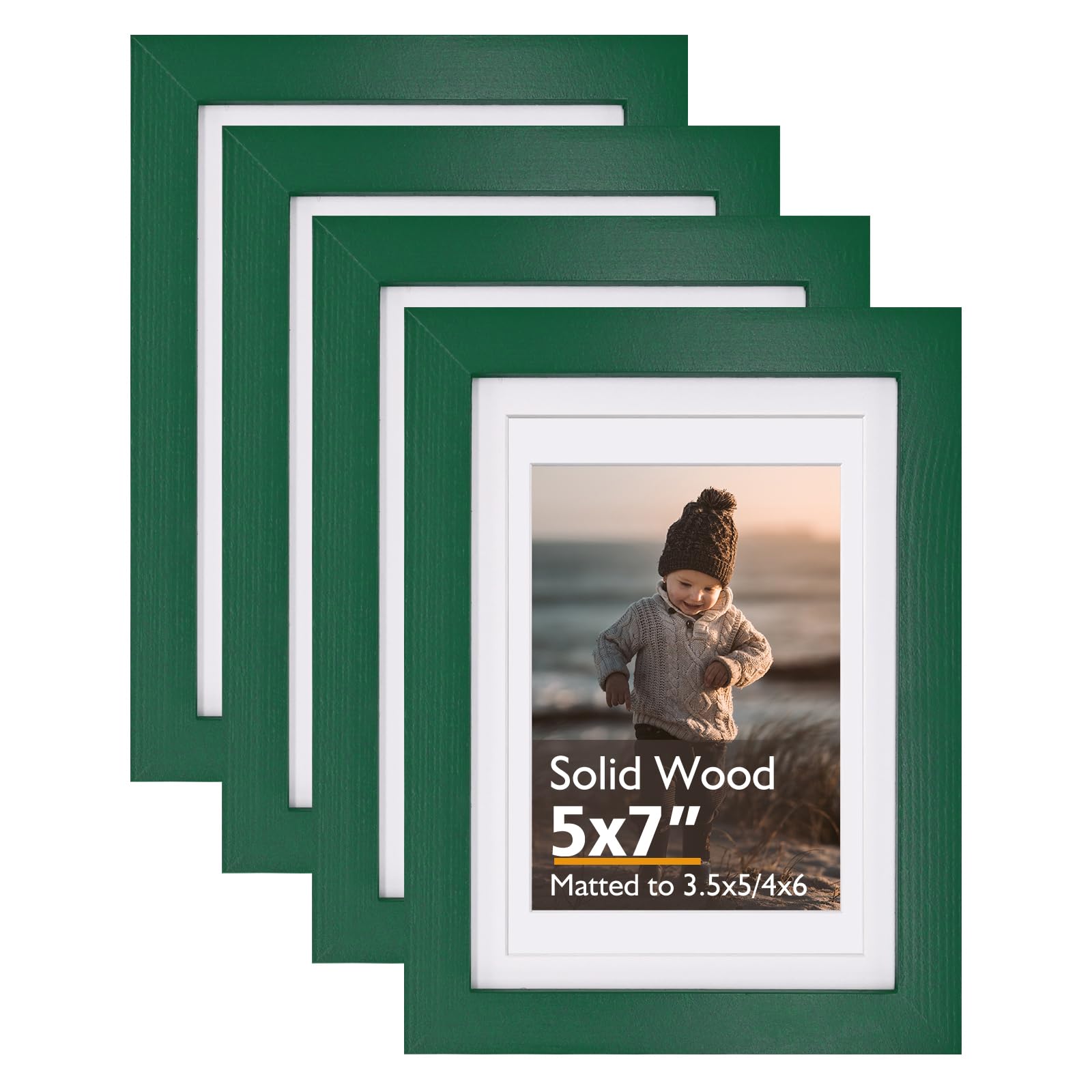 KINLINK 7x5 Picture Frames Green, Wood Frames with Acrylic Plexiglass for Pictures 6x4 with Mat or 7x5 without Mat, Tabletop and Wall Mounting Display, Set of 4