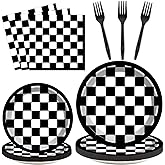 200 Pcs Checkered Flag Party Supplies Black and White Checkered Paper Plates Racing Car Party Plates Napkins Forks Disposable Black Plaid Tableware set for Kids 50 Guests Birthday Decorations Supplies