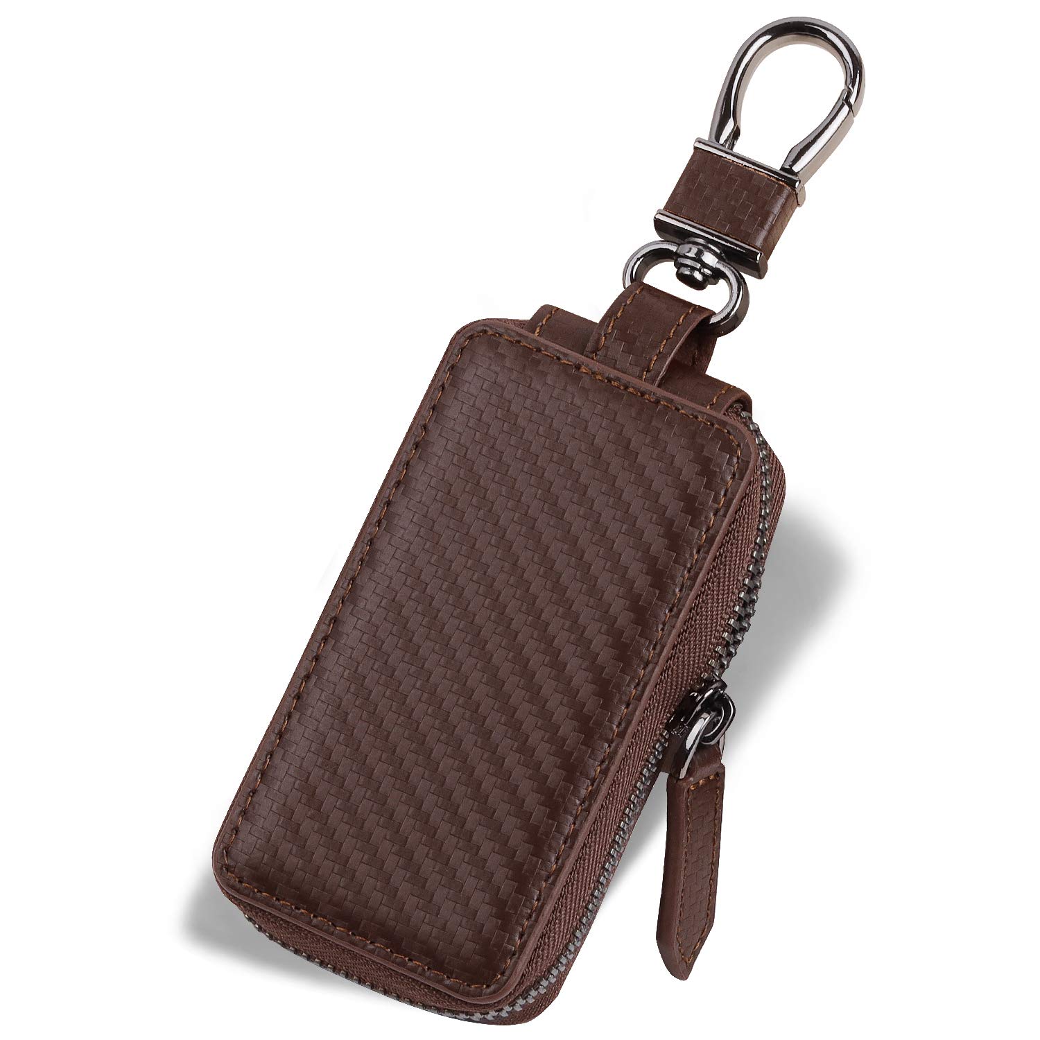 VISOUL Genuine Leather Key Holder Vehicle Car Key Holder Zipper Bag with Keychain, Car Key Cover Anti-Scratch Protectors Universal Auto Key Pouch Carabiner Car Accessories
